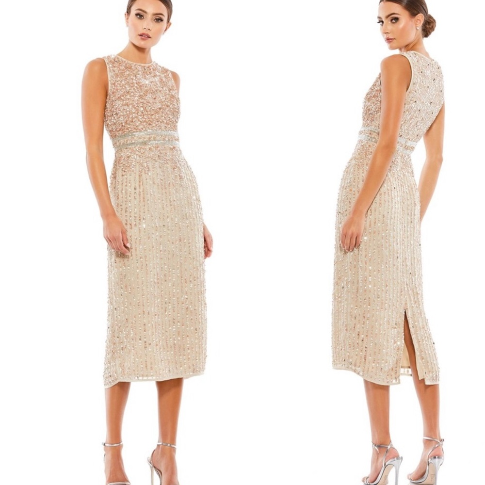 Mac Duggal Sequined Champagne-Beige Midi Dress